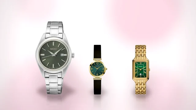 Trei ceasuri de dama cu cadran verde, unul cu malachit, unul argintiu si unul cu curea de silicon