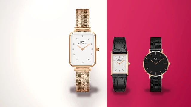 Trei ceasuri Daniel Wellington de dama, dreptunghiular auriu rose, dreptunghiular cu curea de piele si unul cu bratara de plasa