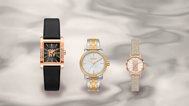 Trei ceasuri DKNY de dama, unul cu curea de piele, unul bicolor si unul auriu