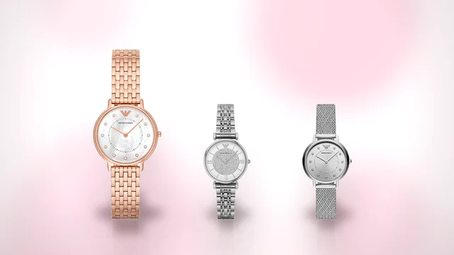 Trei ceasuri Emporio Armani de dama, cu cadran sidefat, cu cristale si cu bratara de plasa