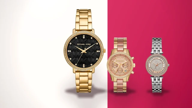Trei ceasuri Michael Kors de dama, auriu cu cristale, cronograf de otel si Mini Darci