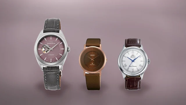 Trei ceasuri Orient de dama, unul automatic cu curea de piele, unul semi-skeleton si unul auriu rose