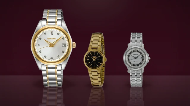 Trei ceasuri Seiko de dama, unul cu diamante, un Seiko 5 automatic auriu si unul din otel argintiu