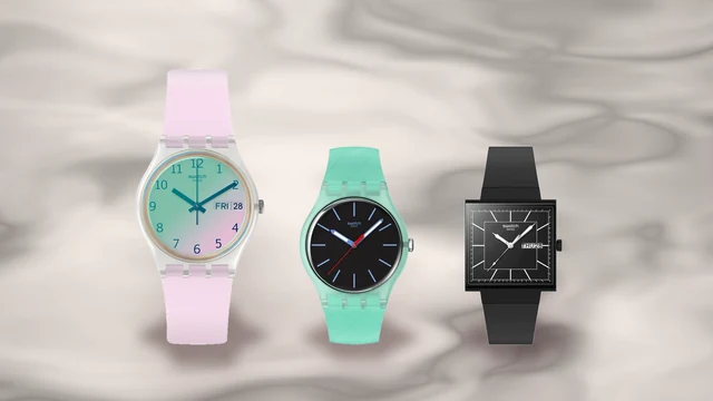 Trei ceasuri Swatch de dama, unul roz cu silicon, unul turcoaz si unul negru de bioceramica