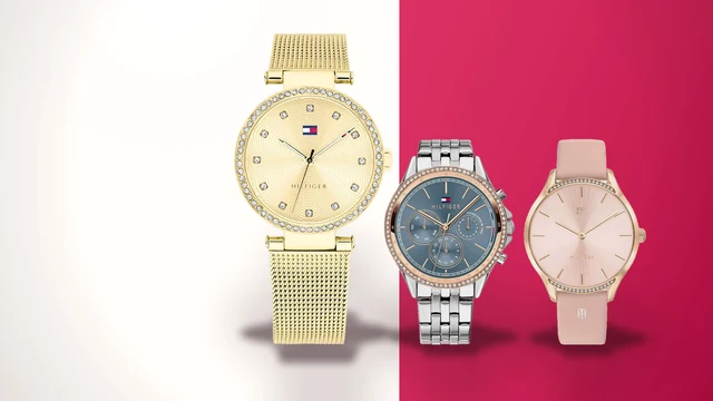 Trei ceasuri Tommy Hilfiger de dama, auriu cu plasa, argintiu cu cristale si unul cu curea de piele roz