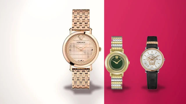 Trei ceasuri Versace de dama, unul auriu rose cu lant, unul verde cu bratara metalica si unul cu curea de piele