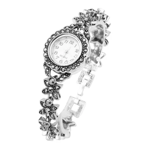 Ceas argint femei cu marcasite Flower Lux