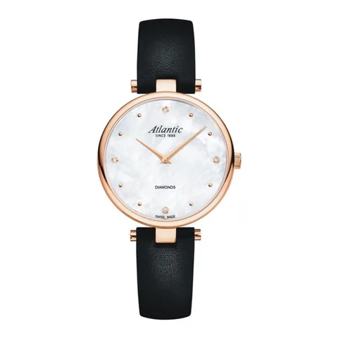 Ceas Atlantic Elegance Royal Diamonds, carcasa 33mm, Rose Gold, curea piele neagra, 29044.44.07R