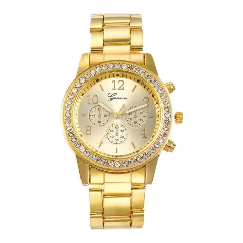 Ceas de dama Geneve Crystal, cadran auriu si curea metalica aurie, lungime fixa
