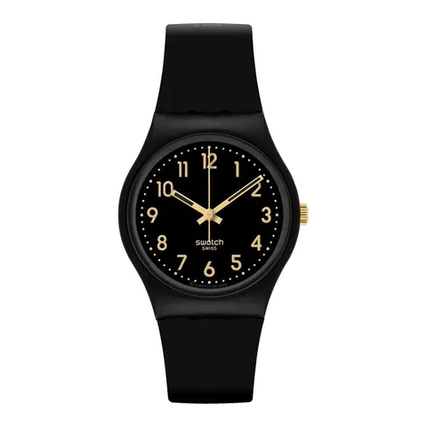 Ceas de dama Swatch Golden Tac SO28B113, mecanism quartz Swiss Made, carcasa neagra bio, curea de cauciuc, sticla hesalit, negru