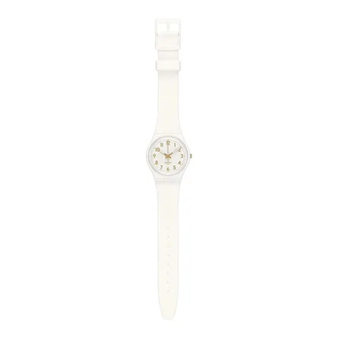 Ceas de dama Swatch White Bishop, plastic/silicon, quartz elvetian, alb cu detalii aurii, 3 ATM