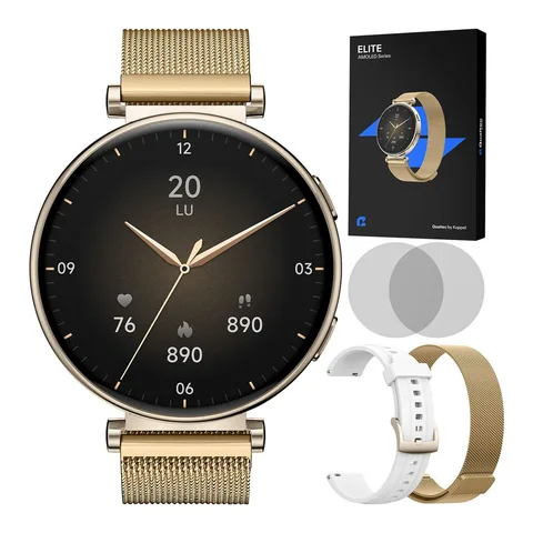Ceas smartwatch dama, Qualtec by Koppel®, ecran rotund AMOLED 1.32", inteligent, fitness, sport, rezistent apa 3ATM, smart, notificari, wireless, apel Bluetooth 5.3, microfon HD, limba romana, pentru femei, carcasa metalica, 2 bratari incluse, ELITE, gold