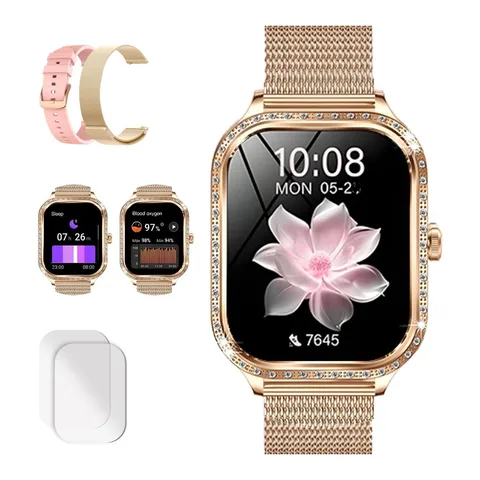 Ceas Smartwatch Dama Xenomo® PEARL Fitness Inteligent, Ecran FULL HD, Notificari Apeluri/SMS/Social Media, 130 Sporturi, Monitorizare Ritm Cardiac, Tensiune Arteriala, Somn, SpO2, Rezistent la Apa. 2 Curele Incluse