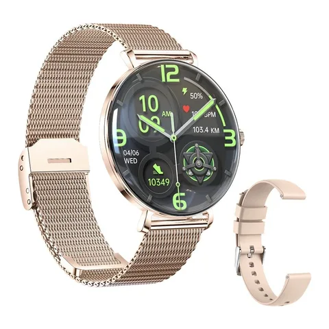 Ceas Smartwatch Singlait® SG89 Inteligent cu Display AMOLED 1.43, Smartwatch Dama cu Apel Bluetooth 5.3, Microfon HD, Fitness si Sport, Monitorizare Puls, Somn si Oxigen, Rezistent Apa IP68, Notificari, 2 Bratari Incluse, Auriu