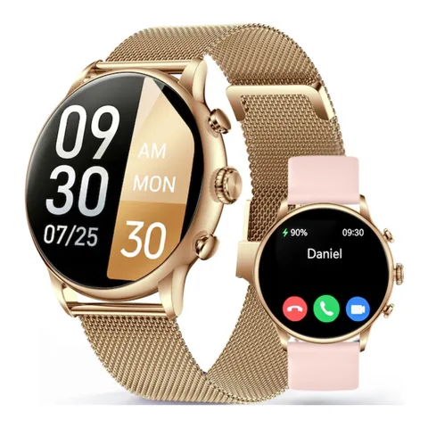Ceas smartwatch, Smartwatch HARMONIQ®, Ecran AMOLED rotund 1.43", Monitorizare Sanatate smartwatch, Functii smart, Rezistenta IP67, Ceas Inteligent Fitness, Apel Bluetooth, Bratara fitness, Microfon HD, iOS & Android, Curea metalica si silicon, Gold