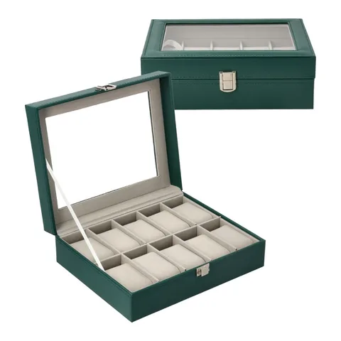 Cutie Pentru 10 Ceasuri, G3, 25.5x20.4x8 cm, Fabricat Din Piele Ecologica De Inalta Calitate, Fereastra Din Sticla Transparenta, Inchidere Metalica, Perne Detasabile, Verde Sticla