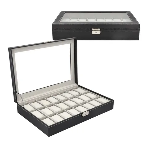 Cutie Pentru 24 De Ceasuri, G12, 43x29x10 cm, Eco-Piele, Fereastra Din Sticla, Inchidere Metalica, Umplutura Moale, Materiale De Inalta Calitate, Gri