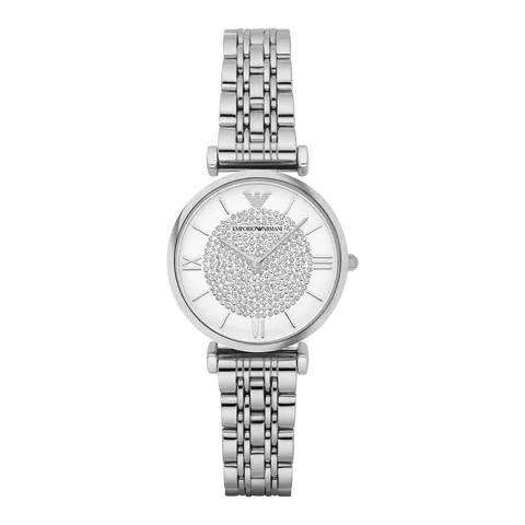 Emporio Armani cu bratara metalica, decorat cu cristale, Argintiu