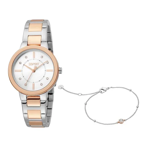 Esprit, Set de ceas analog si bratara decorat cu zirconia, Argintiu/Auriu rose