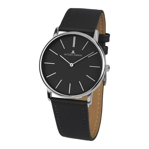 Jacques Lemans quartz cu doi indicatori si curea de piele, Negru