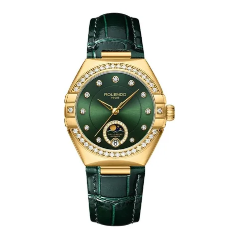 ROLENDO Ceas de dama, automat mecanic, indicator zi/noapte, data, cristal de safir, curea din piele de vita, cadran verde 33mm