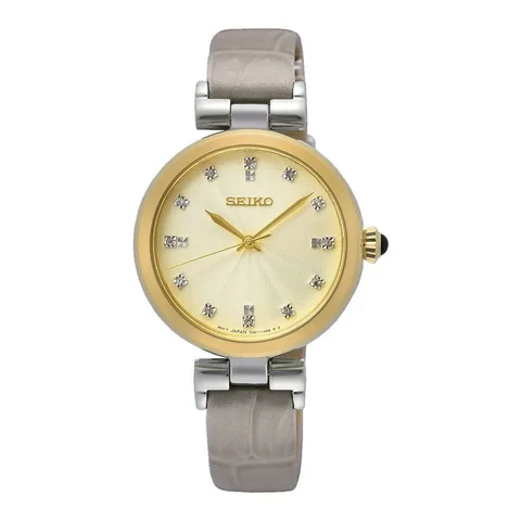 Seiko analog cu o curea de piele, decorat cu 12 diamante, Bej