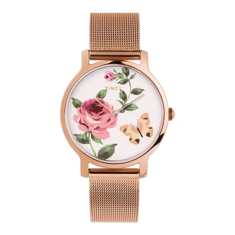 Timex analog cu bratara cu model plasa, Auriu rose