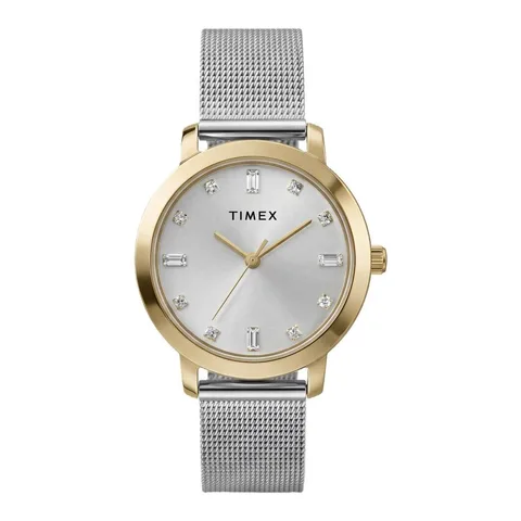 Timex Main Street 31mm, carcasa galbena, bratara si cadran argintii, mecanism quartz, rezistent la apa 30m